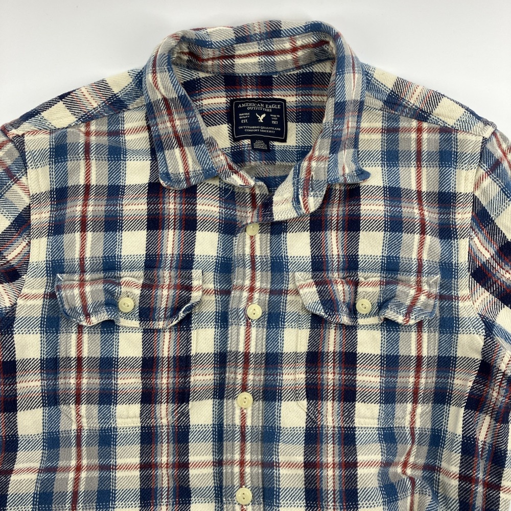 American Eagle Men's Heavyweight Flannel Size Large L Red White Blue Plaid